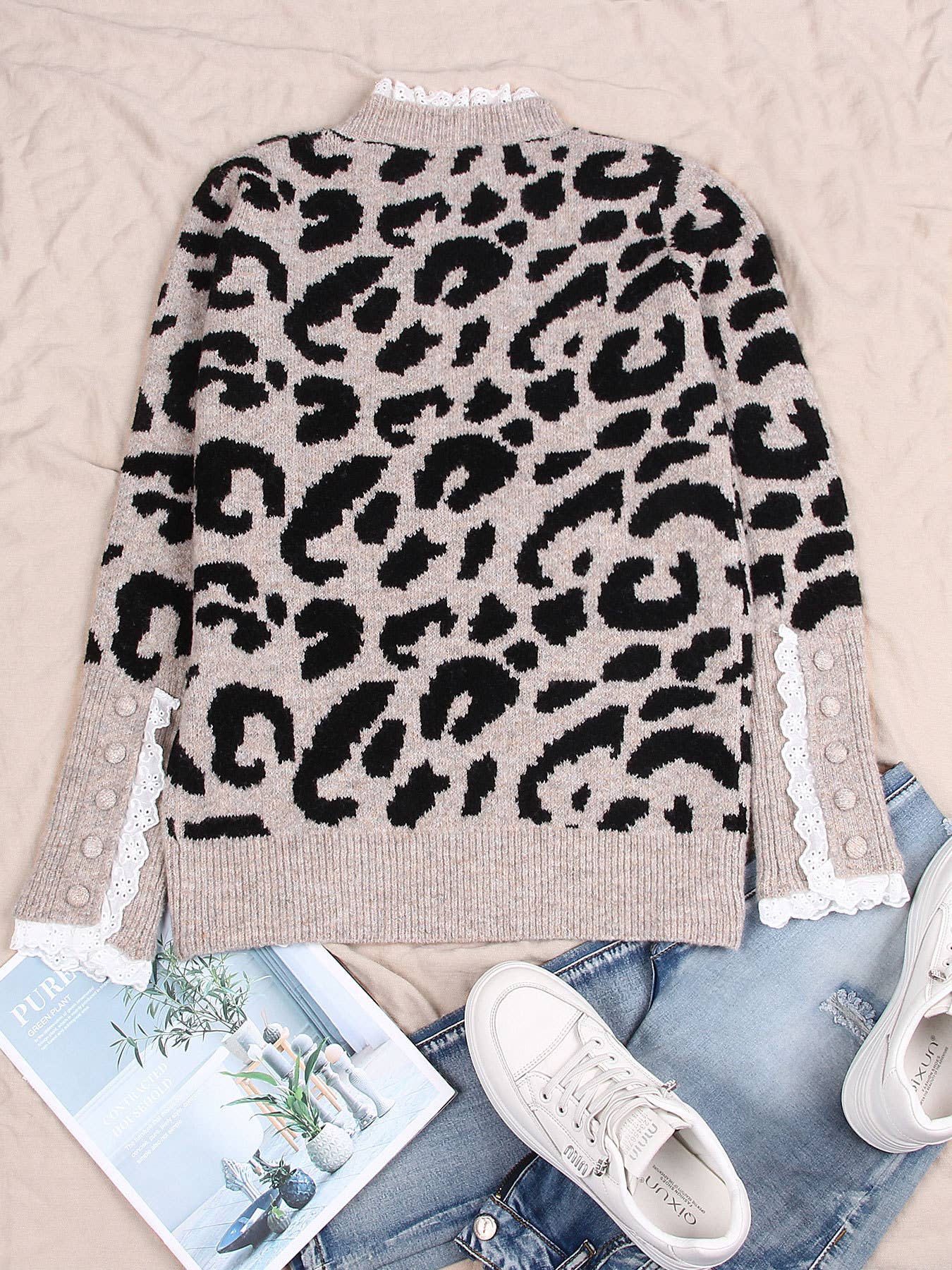 Khaki Leopard Print Spliced Lace Trim Pullover Sweater for wholesale on Faire1