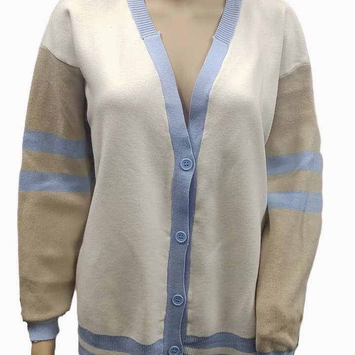 Rosa Clothing - Wholesale Cardigan - Women's - Stylish Contrast Color Striped Minimalist Cardigan