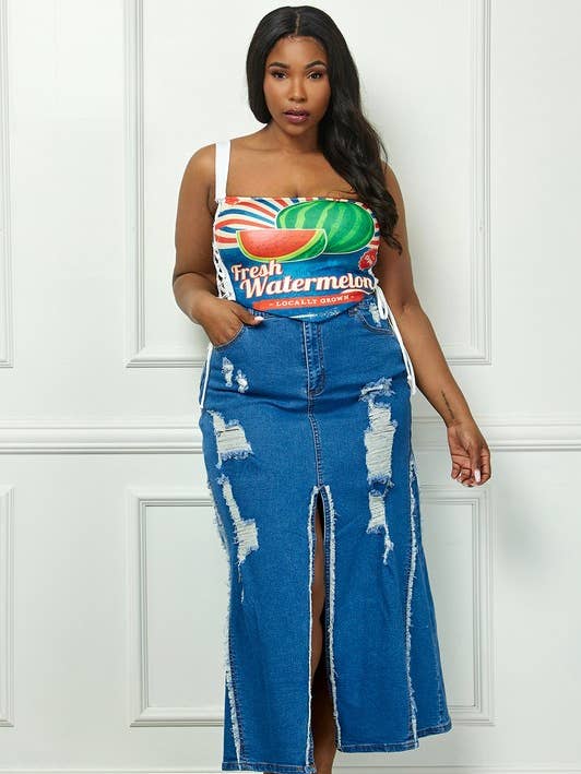 Regular High Waisted Distressed Front Slit Denim Skirt for wholesale on Faire