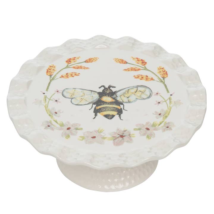 VIP Dolomite 8.25 in. White Honey Bee Tea Co. Cake Stand for wholesale by VIP Home & Garden