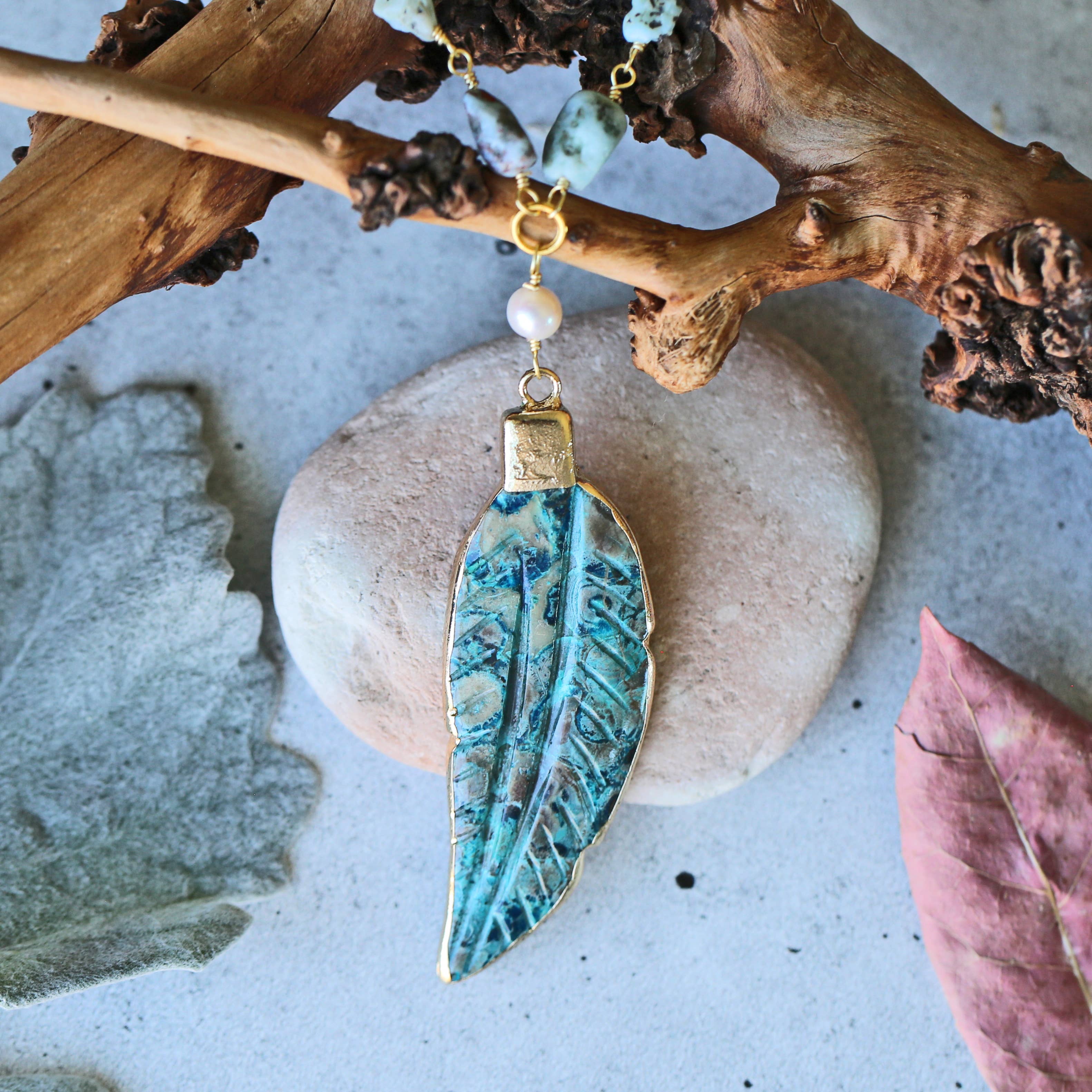 Feather of Ma'at Pendant in Sterling Silver with Larimar
