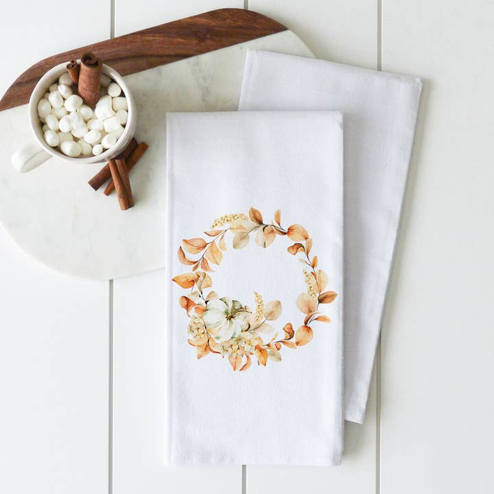 Pumpkin Fall Wreath Tea Towel for wholesale by Porter Lane Home