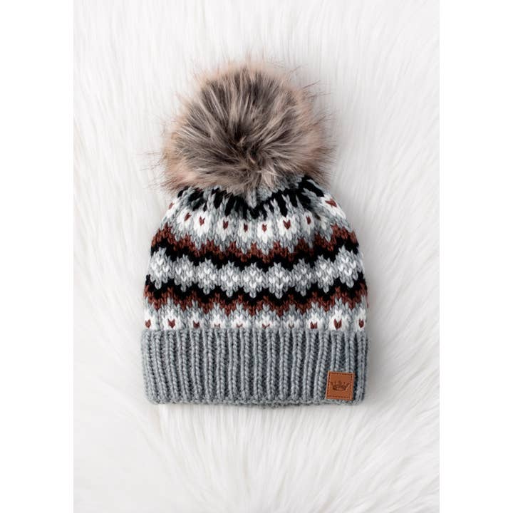 Panache Apparel Co. - Wholesale Beanie - Women's - Gray, Brown & White Winter Pattern Pom Hat