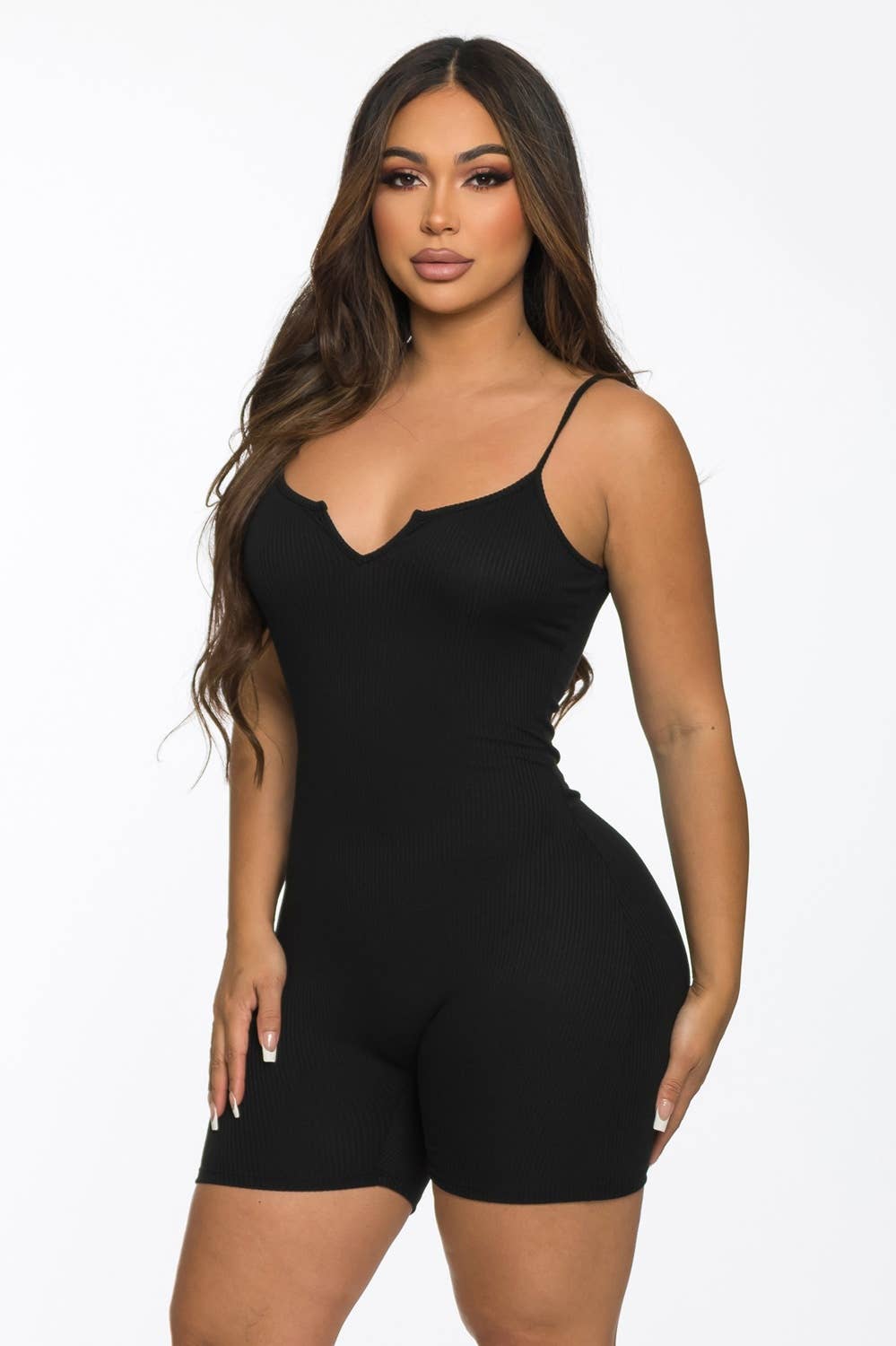 Lime All the Time - Wholesale Romper - Women's - Ribbed Split Neck Strap Short Romper2