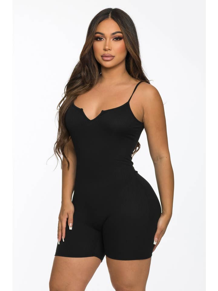 Lime All the Time - Wholesale Romper - Women's - Ribbed Split Neck Strap Short Romper2