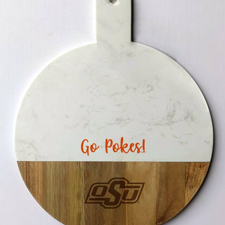 Oklahoma State Spirit Marble and Wood Charcuterie Board for wholesale by Valiant Gifts Inc