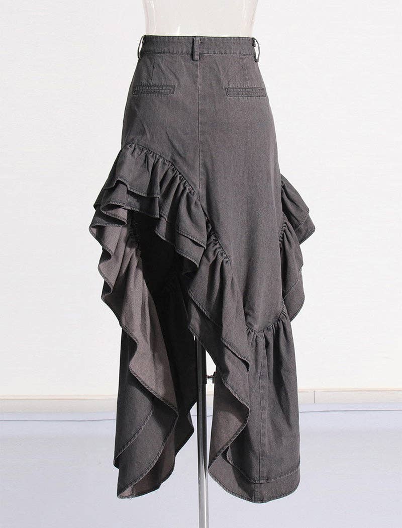 GREY Asymmetrical Ruffle Split-Hem Maxi Skirt for wholesale on Faire2