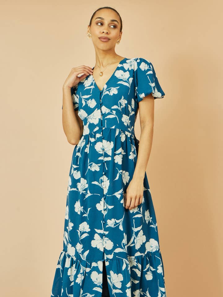 Yumi Teal Floral Button Down Floral Midi Dress for wholesale on Faire0