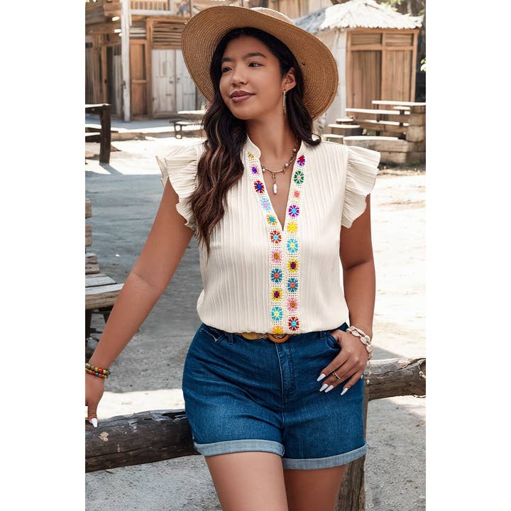 BEIGE Plus Pleated Print V Neck Ruffle Fit Shirt for wholesale on Faire