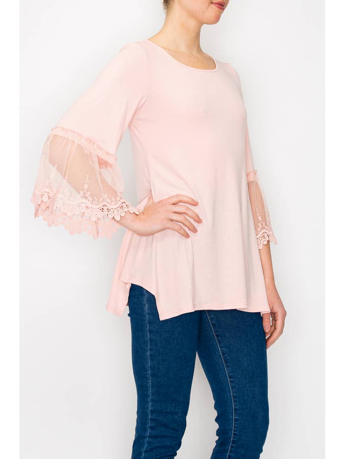 Origami Apparel ~ Lace and Crochet inspired - Wholesale Tunic - Women's - TUNIC TOP WITH LACE SLEEVE TRIMMINGS-4480PINK2