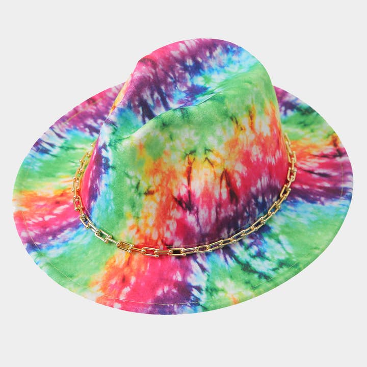 Sensibling Corp. - Wholesale Fedora – Women’s - Hardware Chain Band Multi Tie-dye Printed Fedora Hat