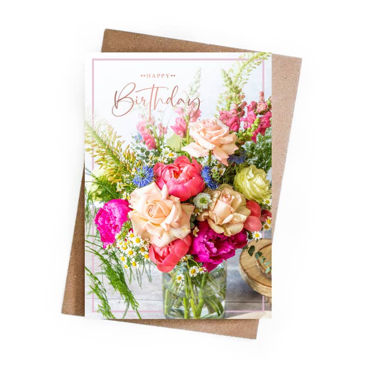 Happy Birthday Flower Vase Foiled Greeting Card for wholesale by Marina Walker