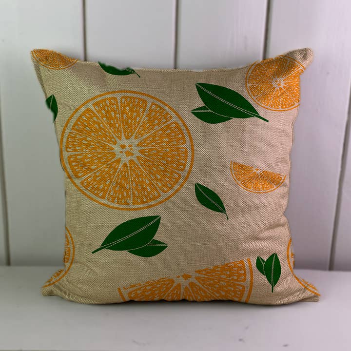 Funda de cojín de lino con estampado de naranjas y hojas para venta al por mayor de Hills Of Fabric