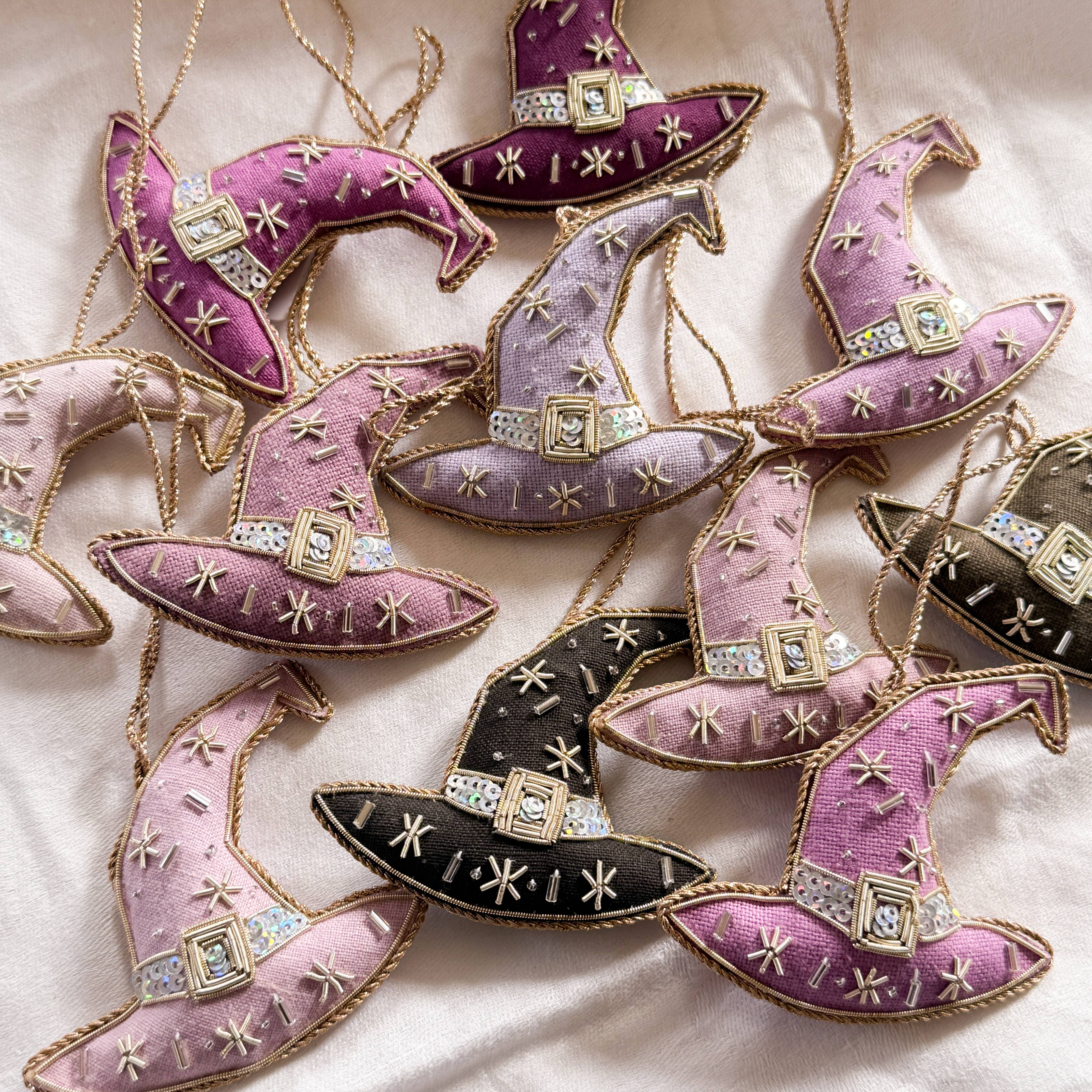 Katie Larmour Linen – wholesale Ornament – Midnight Mauve Purple Handmade Witches Hat Linen Halloween1