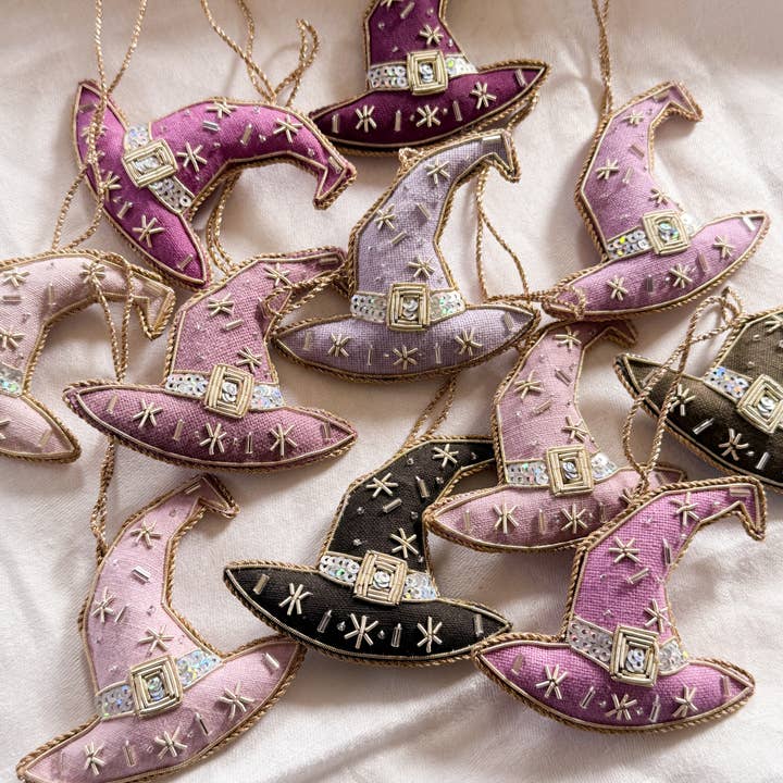 Katie Larmour Linen – wholesale Ornament – Midnight Mauve Purple Handmade Witches Hat Linen Halloween1