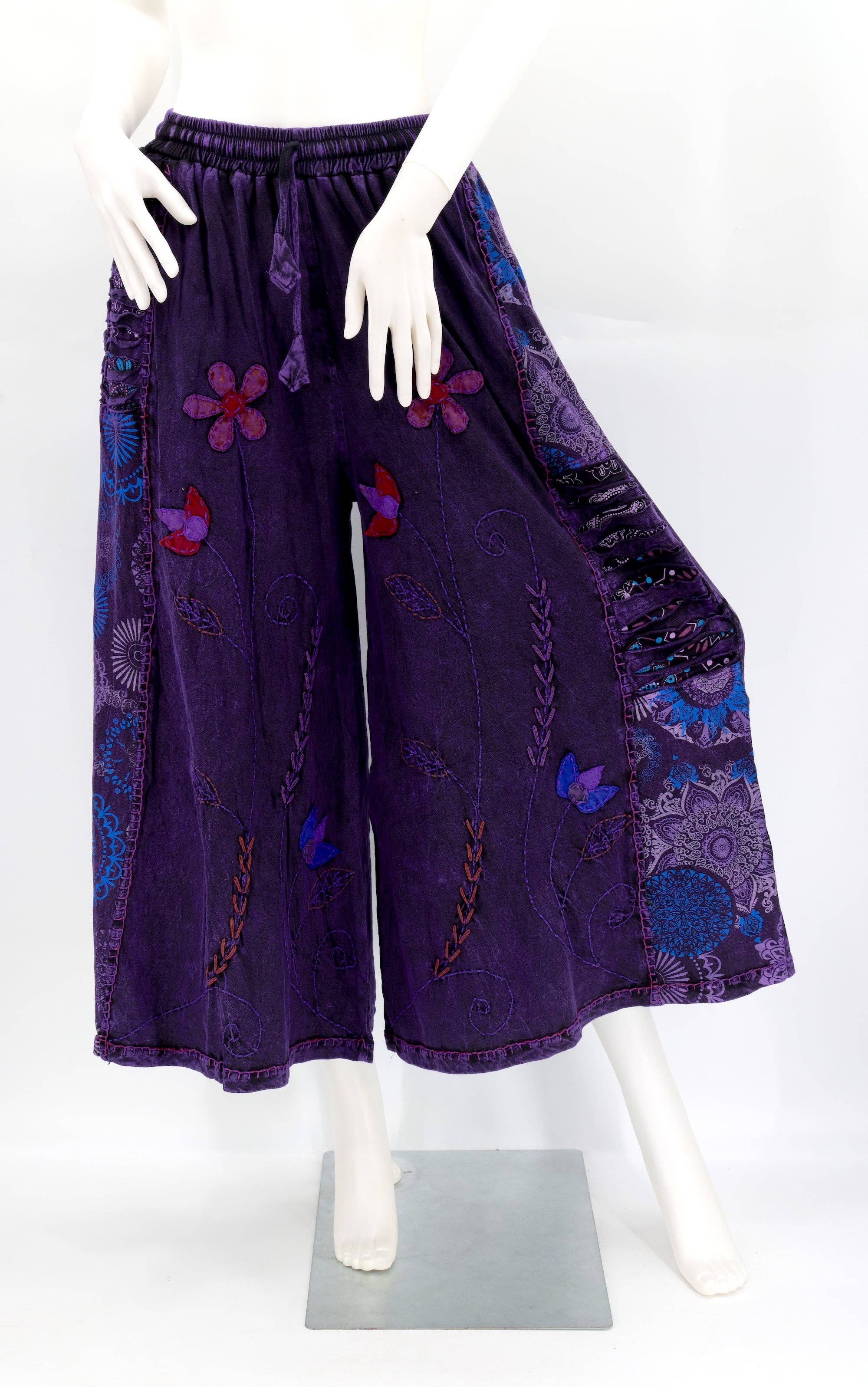 Himalaya Handmade - Wholesale Pants - Women's - Floral Embroidered Wide Leg Cotton Palazzo Pants3