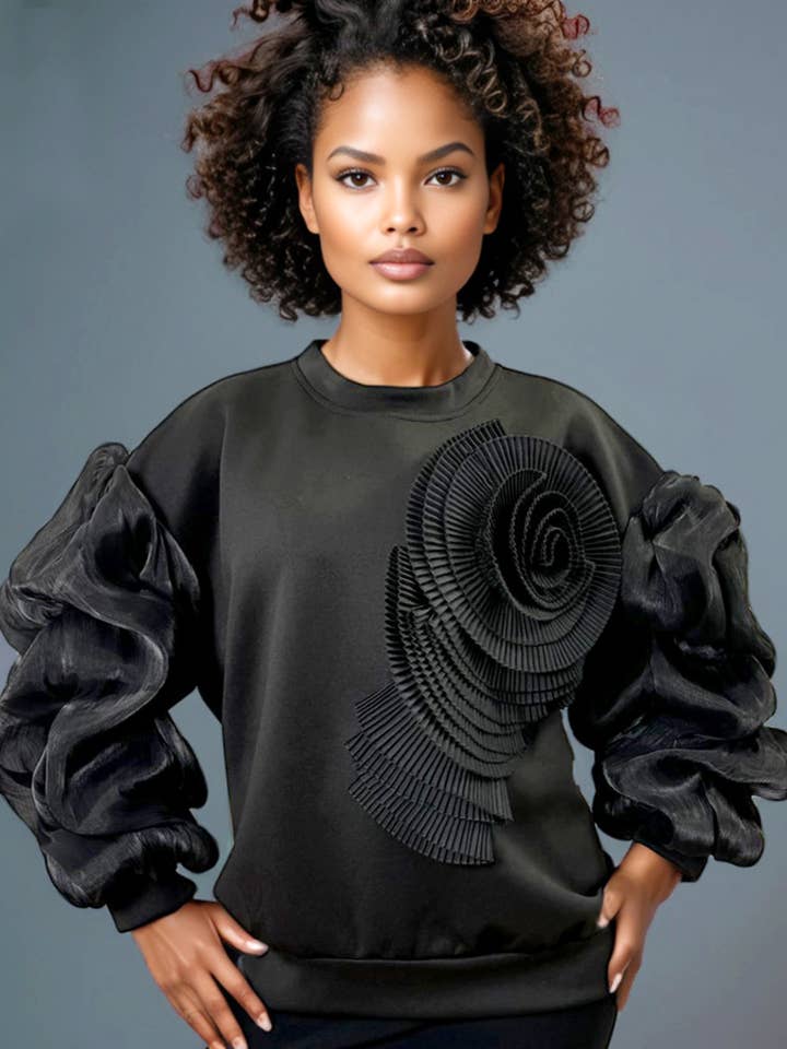 W5891 BLACK ROUND NECK OVERSIZED LONG SLEEVE SWEATER TOP for wholesale on Faire