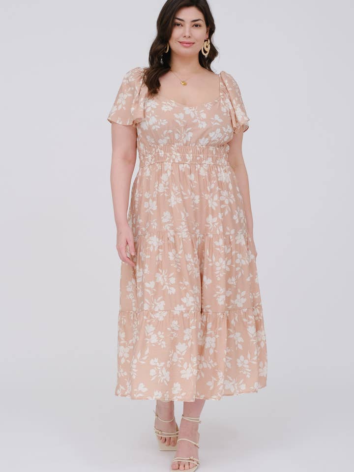 Blu Pepper - Wholesale Dress - Women's - PLUS FLORAL SCOOP NECK FLOUNCE SLEEVE MIDI DRESS