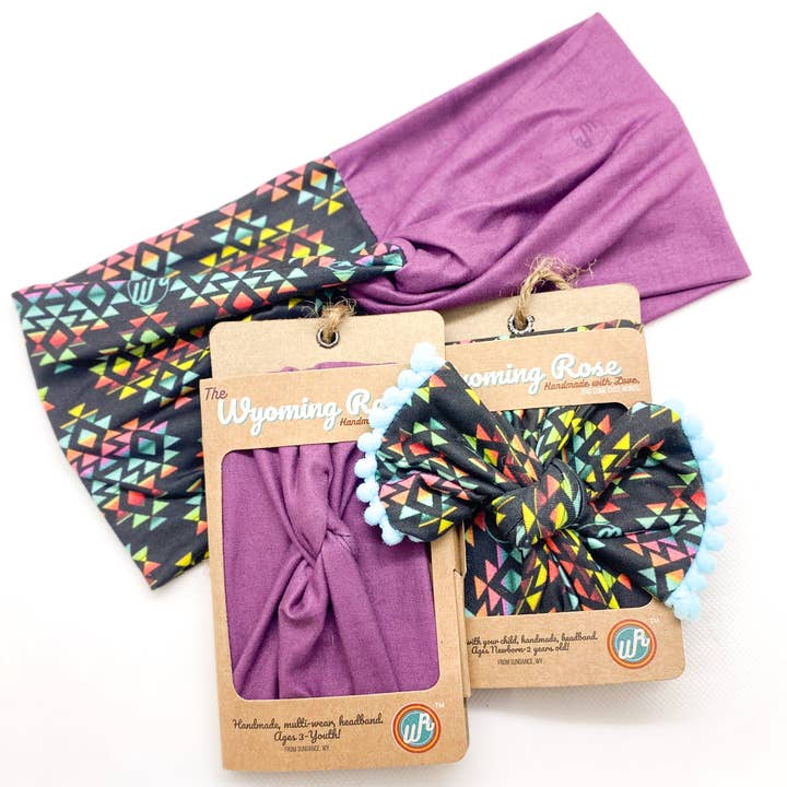 Sunrise Sunset Aztec/Solid Plum Headband for wholesale by The Wyoming Rose