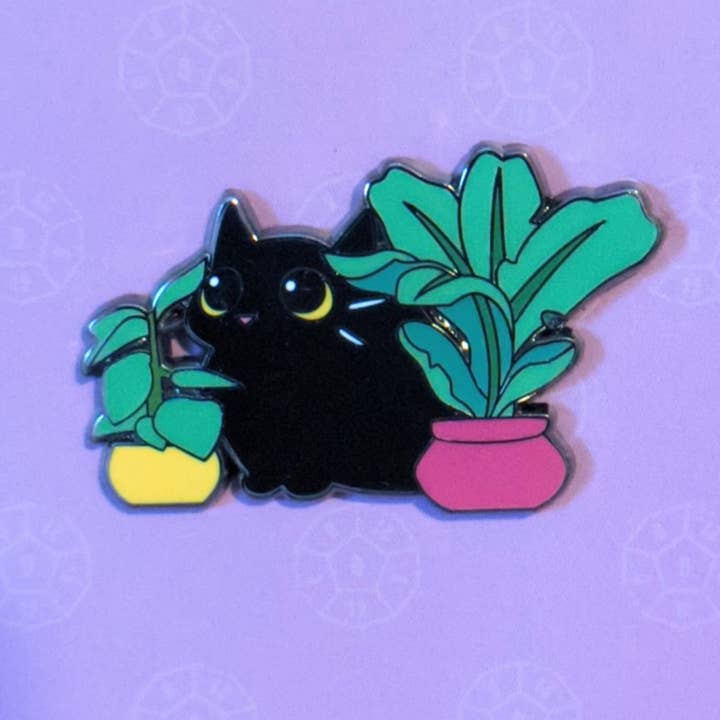 Black Cat Among Houseplants Hard Enamel Pin -1.5" for wholesale by Mimic Gaming Co