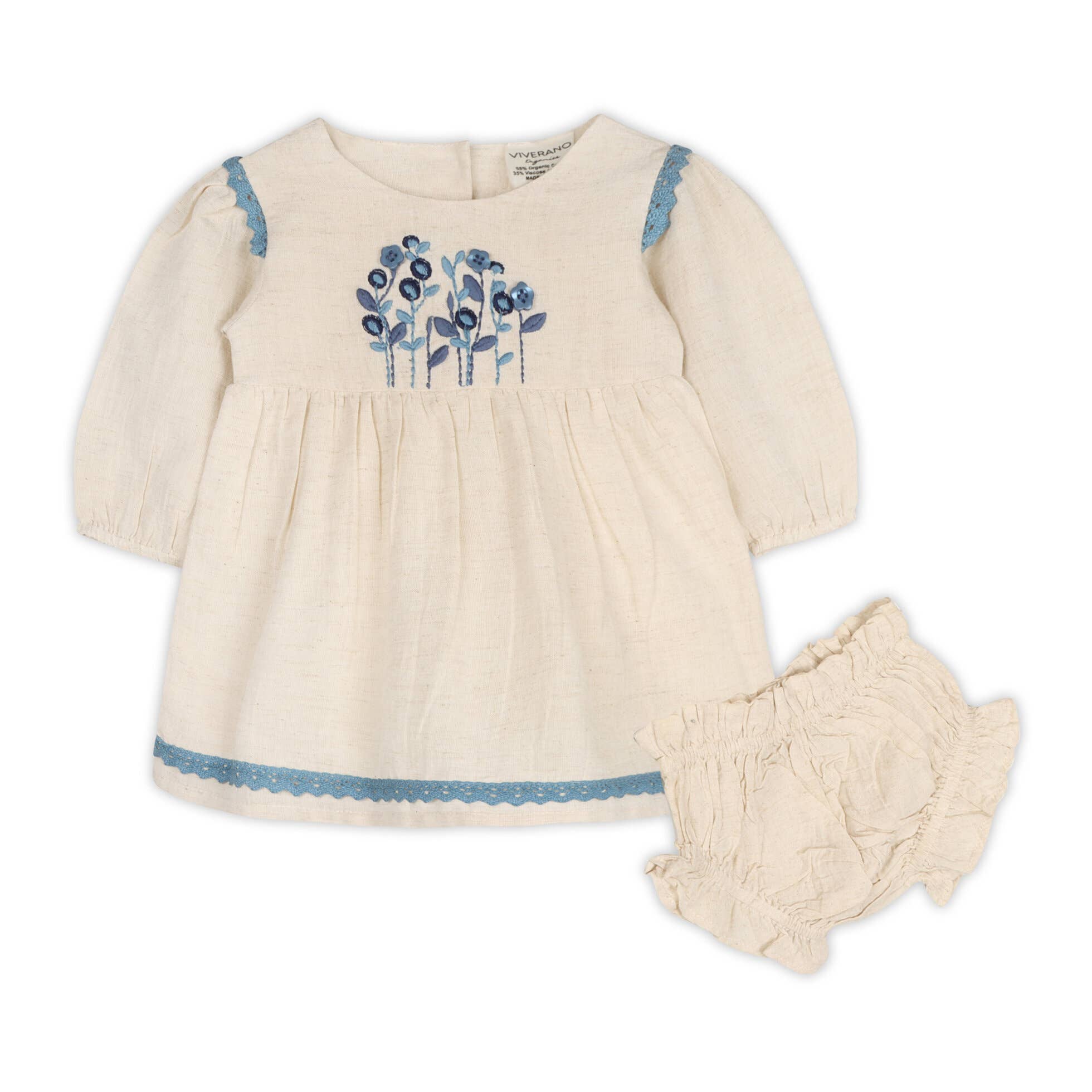 Natural Matera Embroidered Baby Dress & Bloomer (Organic Cotton) for wholesale on Faire0