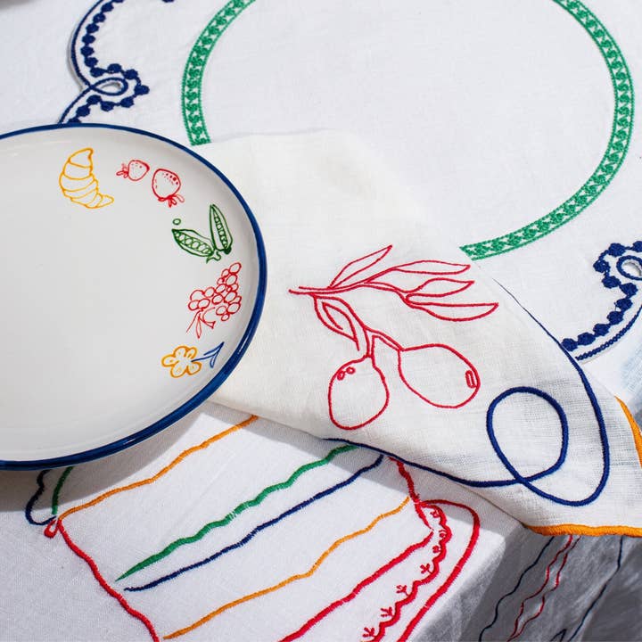 Multicolor Fruits Veggies Fête Embroidered Linen Napkins (Set of 4) for wholesale on Faire