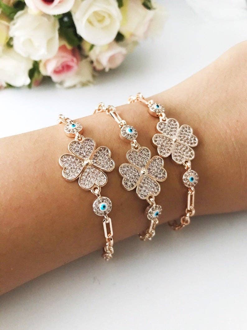 Evileyefavor - Vente Bracelets à breloques/pendentifs - Bracelet en trèfle mauvais œil, bijoux mauvais œil, bracelet trèfle à quatre feuilles en argent or rose8