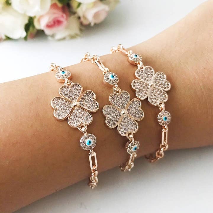 Evileyefavor - Vente Bracelets à breloques/pendentifs - Bracelet en trèfle mauvais œil, bijoux mauvais œil, bracelet trèfle à quatre feuilles en argent or rose8