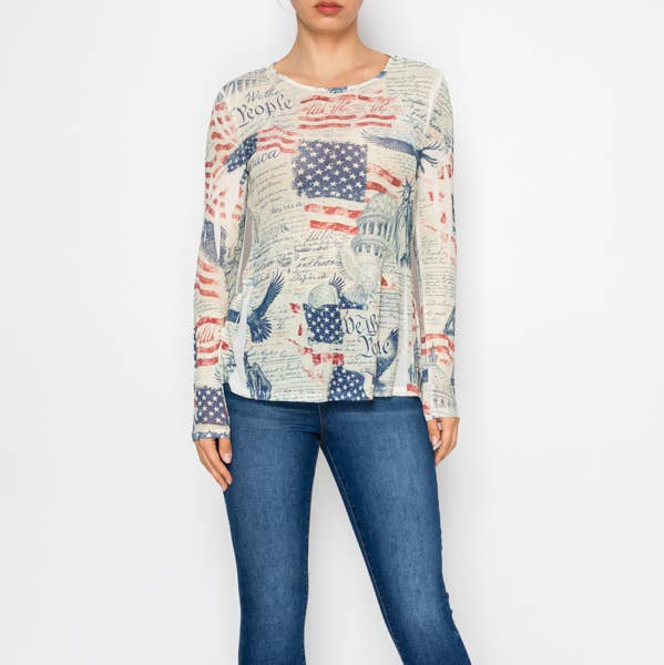 Sparkly mesh top with RED WHITE AND BLUE OLS-4847BG FREEDOM for wholesale by Origami Apparel ~ Lace and Crochet inspired