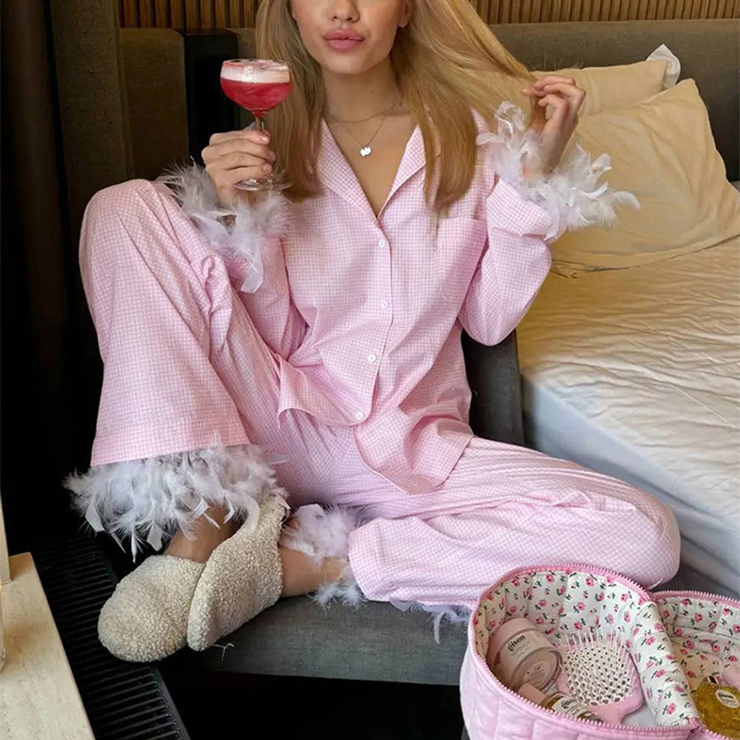 UNISHE - Vente Ensemble de vêtements d'intérieur – femme - Ensemble de pyjama à carreaux ample avec pantalon long à plumes ONK293