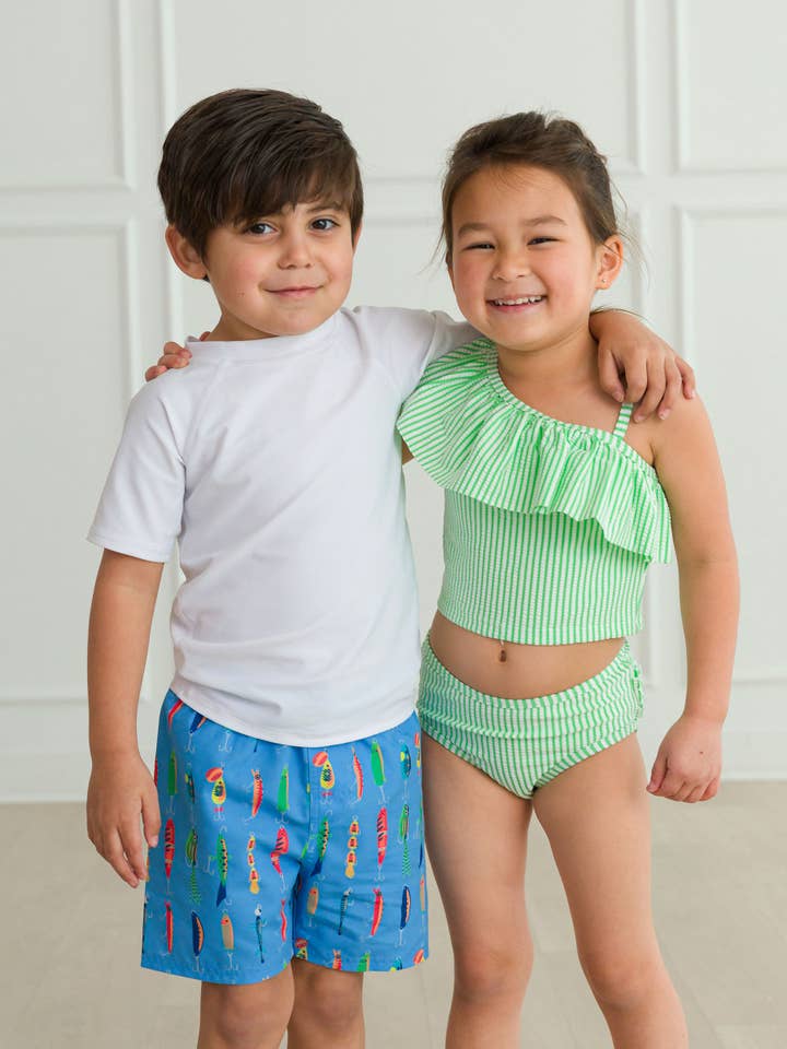 Blue Boys Gone Fishin Swim Trunks for wholesale on Faire