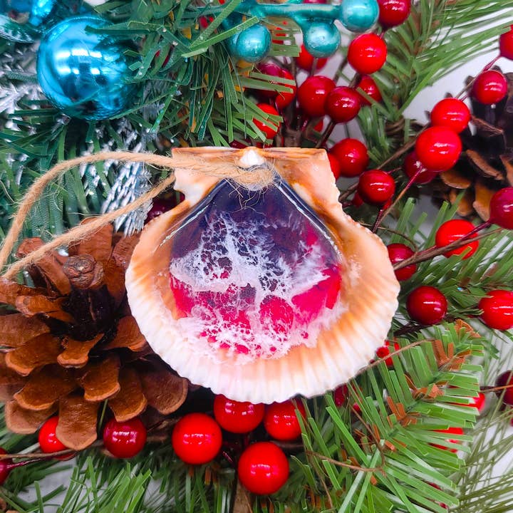 JEMS of the Sea - Wholesale Ornament - Real Scallop Seashell Christmas Ornaments-Resin Ocean Waves