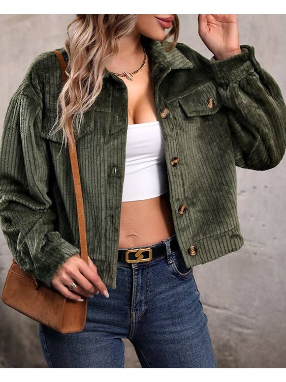 Green Lapel Buttoned Corduroy Cropped Jacket for wholesale on Faire