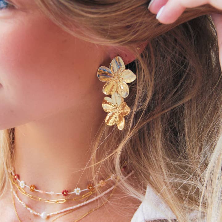 Bazou - Wholesale Dangle Earrings - Stainless steel statement earring 2 flowers - gold
