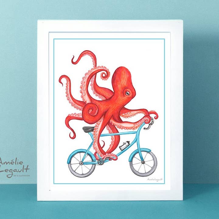 Octopus riding a bike Art Print for wholesale by Sardines Studio