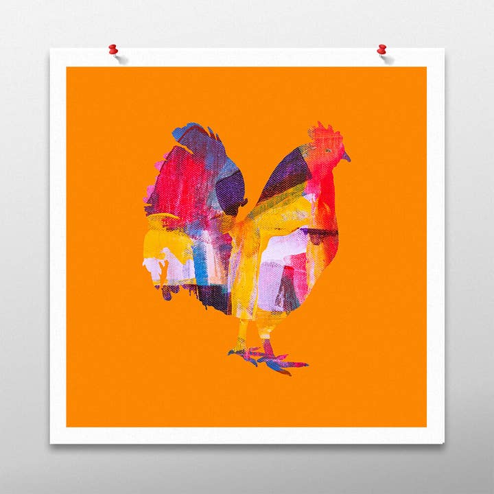 Œuvre d'art en forme de poulet, décoration murale orange, sans cadre pour la vente par Studio byAbi