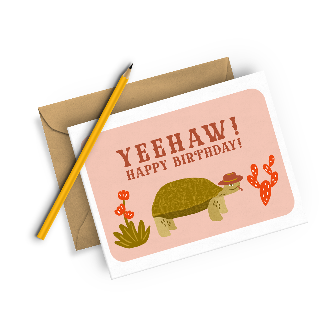 Squidly Designs – Großhandel Geburtstagskarten – Yeehaw Herzlichen Glückwunsch zum Geburtstag! Lustige Geburtstagskarte mit Cowboy-Schildkröte3