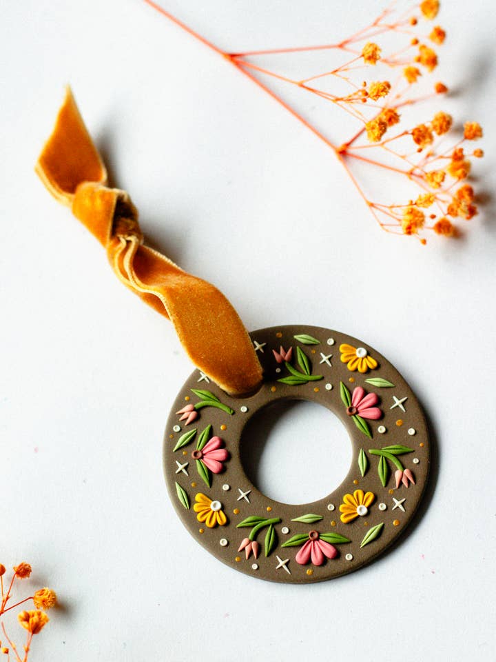 Polymer Clay Floral Christmas Tree Ornament - Brown for wholesale by Slow Day Studios