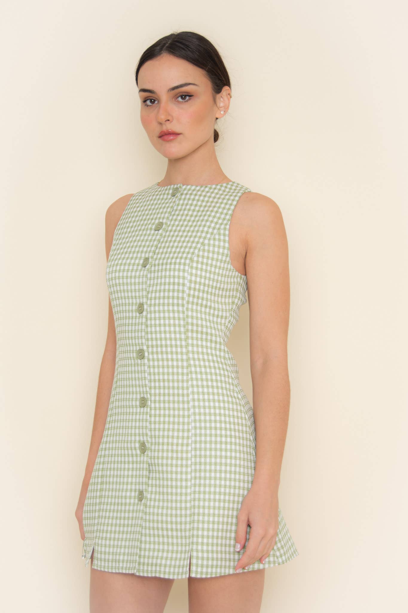 Fore Collection - Wholesale Dress - Women's - GINGHAM CHECKER BUTTON CLOSURE TANK MINI DRESS-DI9935FO6