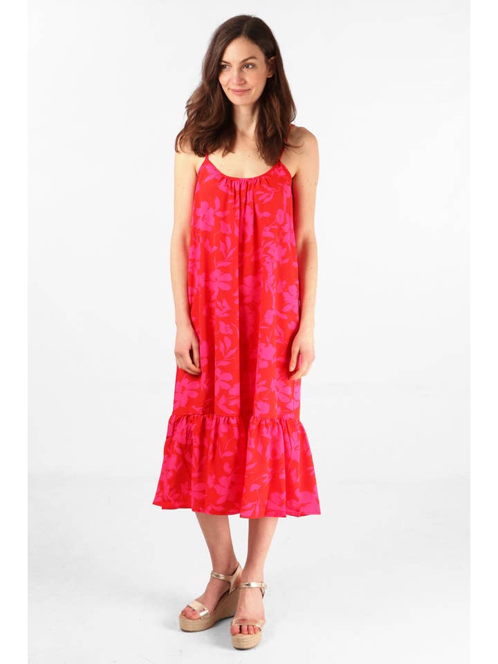 Sarta - Wholesale Dress - Women's - Tropical Floral Print Midi Tiered Slip Dress in Red Pink2