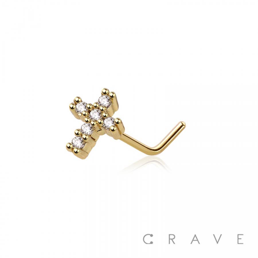 CRAVE – Brinco único por atacado – CZ GEM PAVIMENTADA CRUZ 316L PERNIZ NASAL EM AÇO CIRÚRGICO EM FORMA DE L0