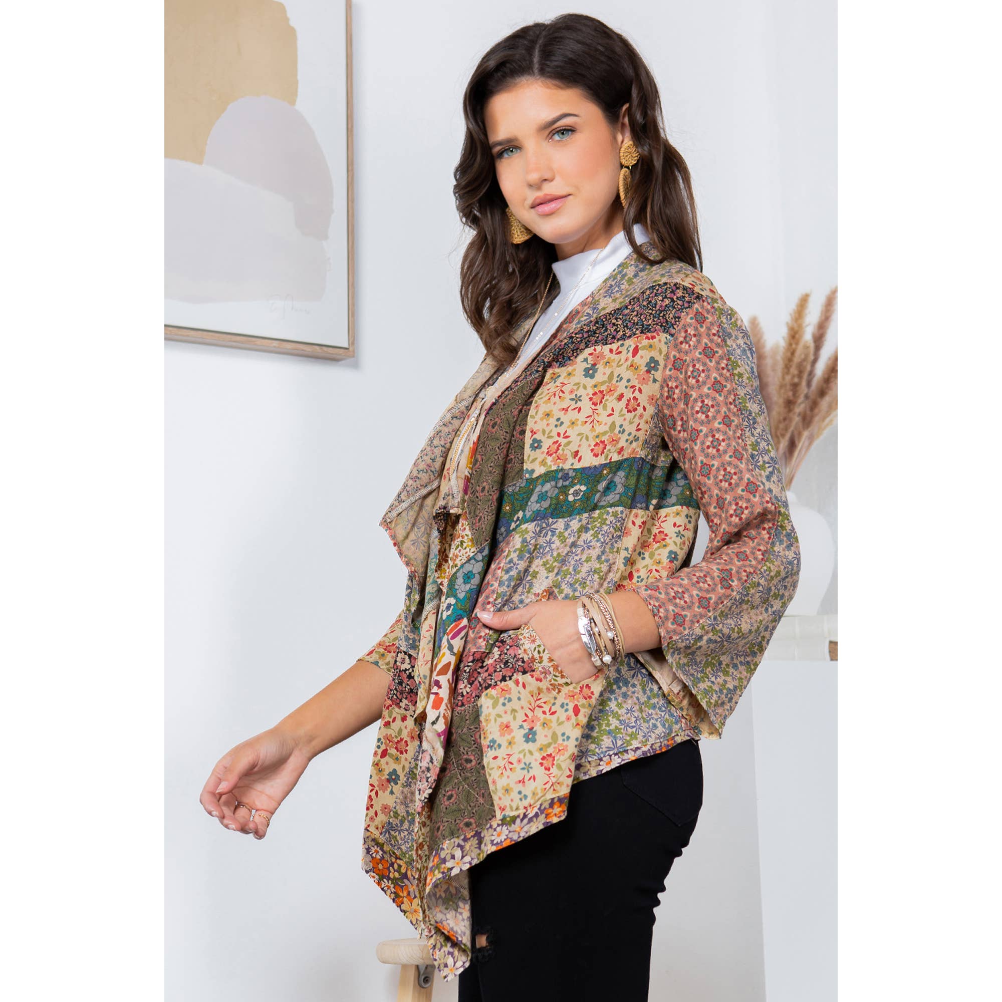 Young Threads - Wholesale Kimono - Women's - Patchwork Kimono Cardigan With 3/4 Sleeve5