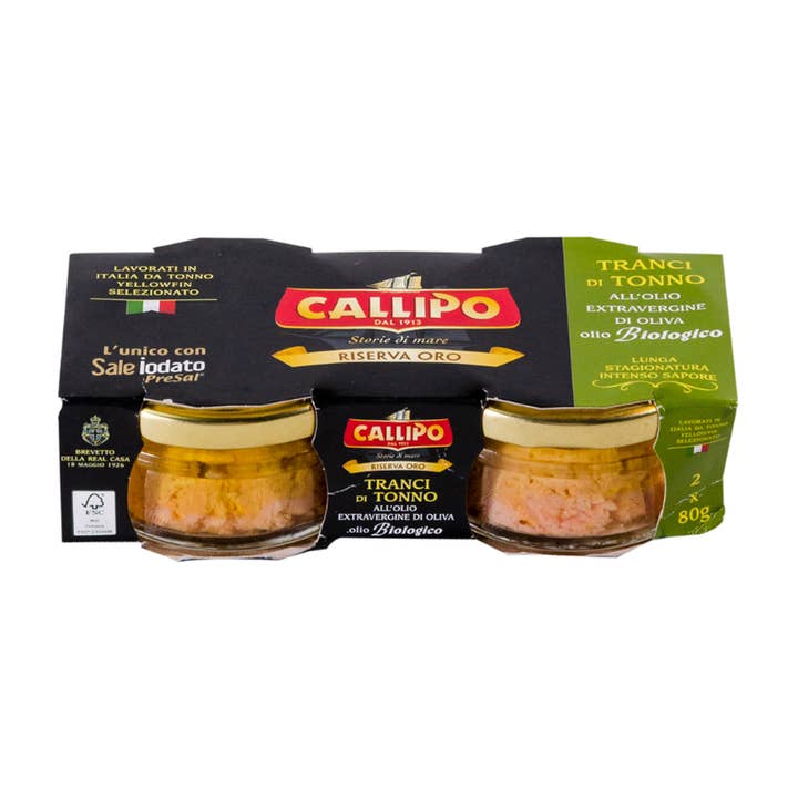 Calabria da Gustare - Vendita all'ingrosso Pesce in scatola - Callipo Riserva Oro - Tranci di Tonno olio EVO Bio (g. 80x2)