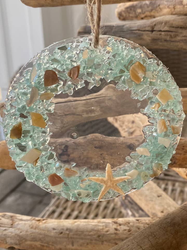 Aqua Glass Seashell Wreath Christmas Ornament with Starfish for wholesale by Sea Dreams Coastal Art