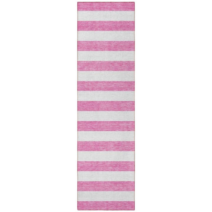 8' Runner Pink and White Striped Indoor Outdoor Runner Rug for wholesale by HomeRoots