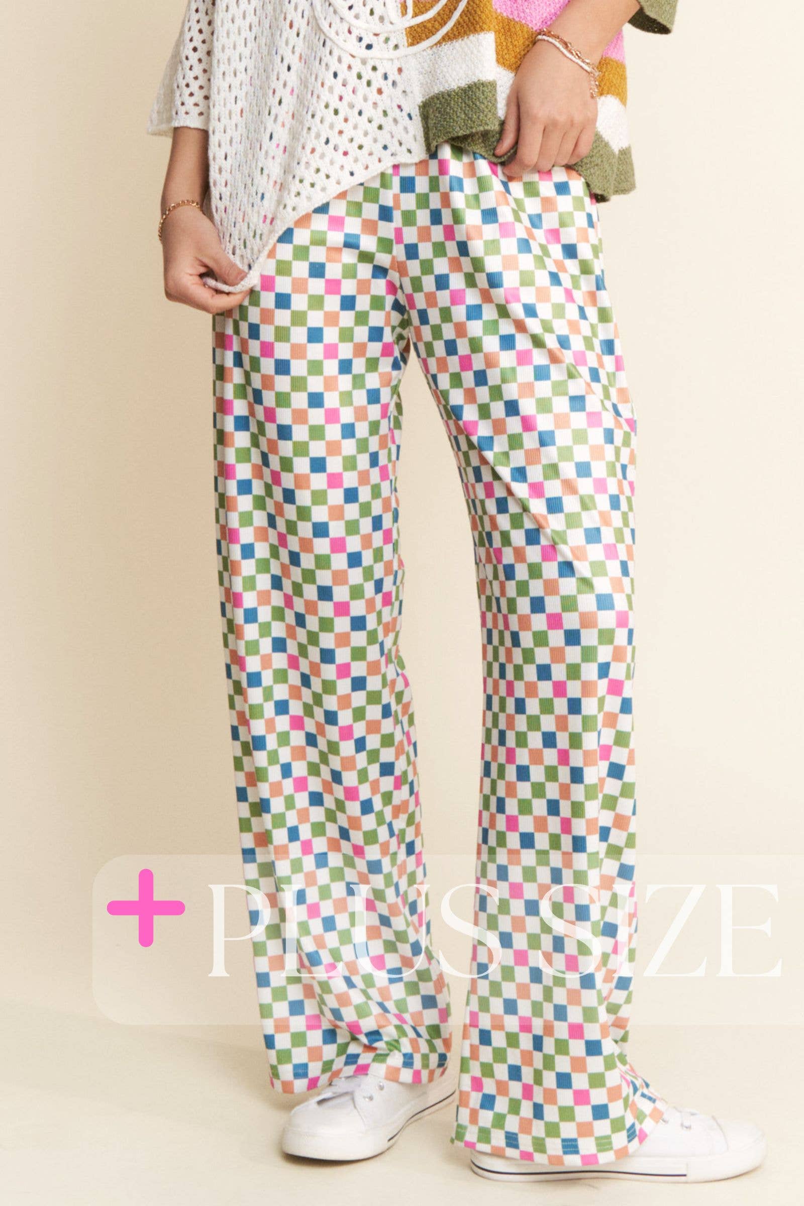 Green Multi PLUS SIZE ~ Retro Checkered Print Full Length Pants for wholesale on Faire0