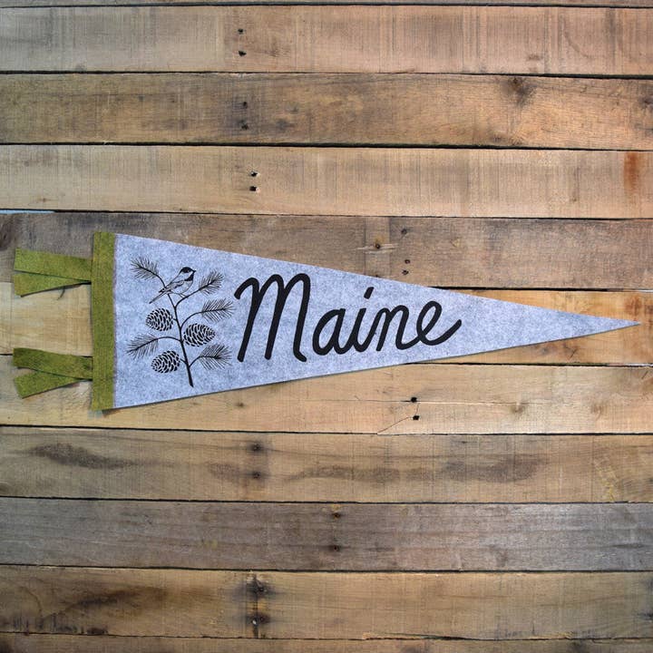 MAINE Pinecone & Chickadee Pennant on Gray Wool - Large Size for wholesale by Quiet Tide Goods