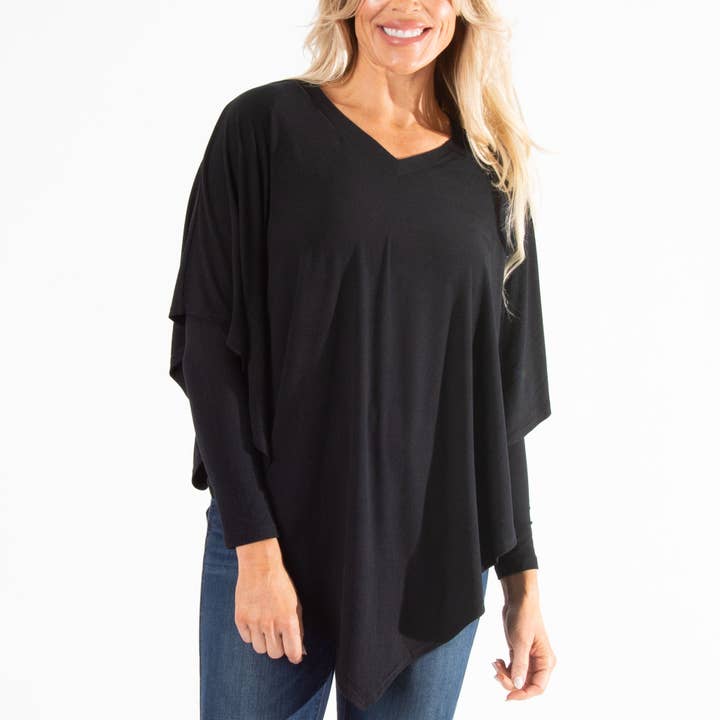 Elsie & Zoey - Wholesale Shirt - Women's - Addie Long Sleeve Black Poncho Top