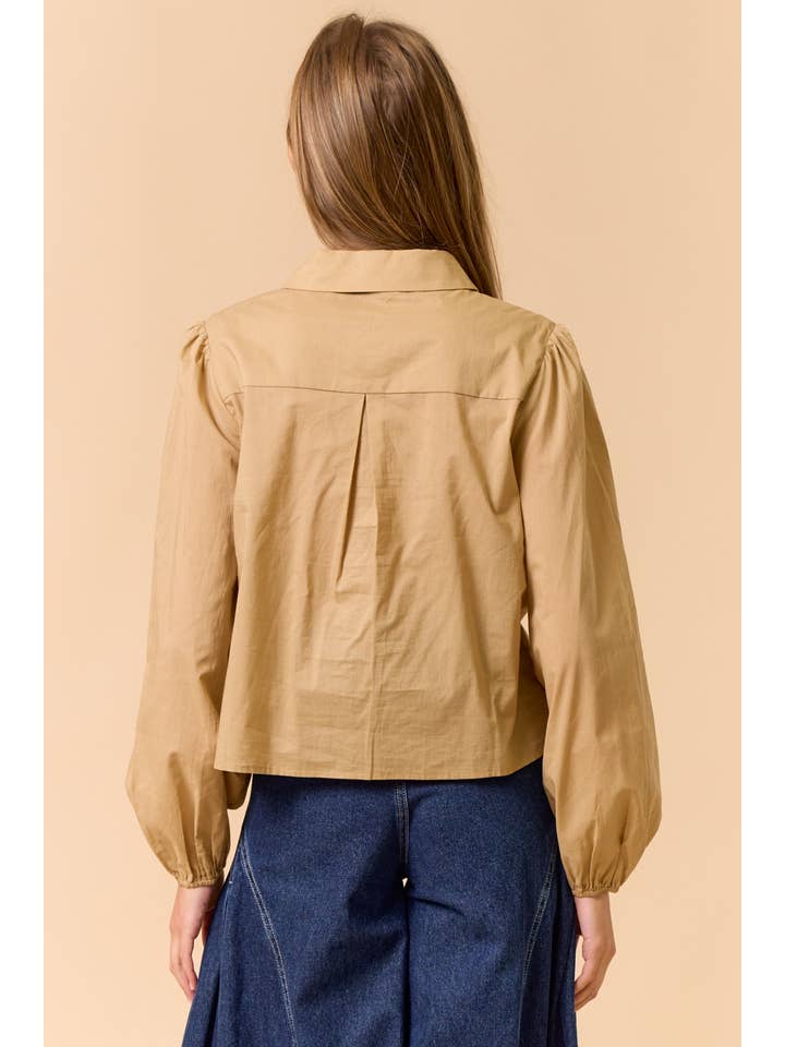 TAUPE Dramatic Puff Sleeve Button-Down Shirt for wholesale on Faire4