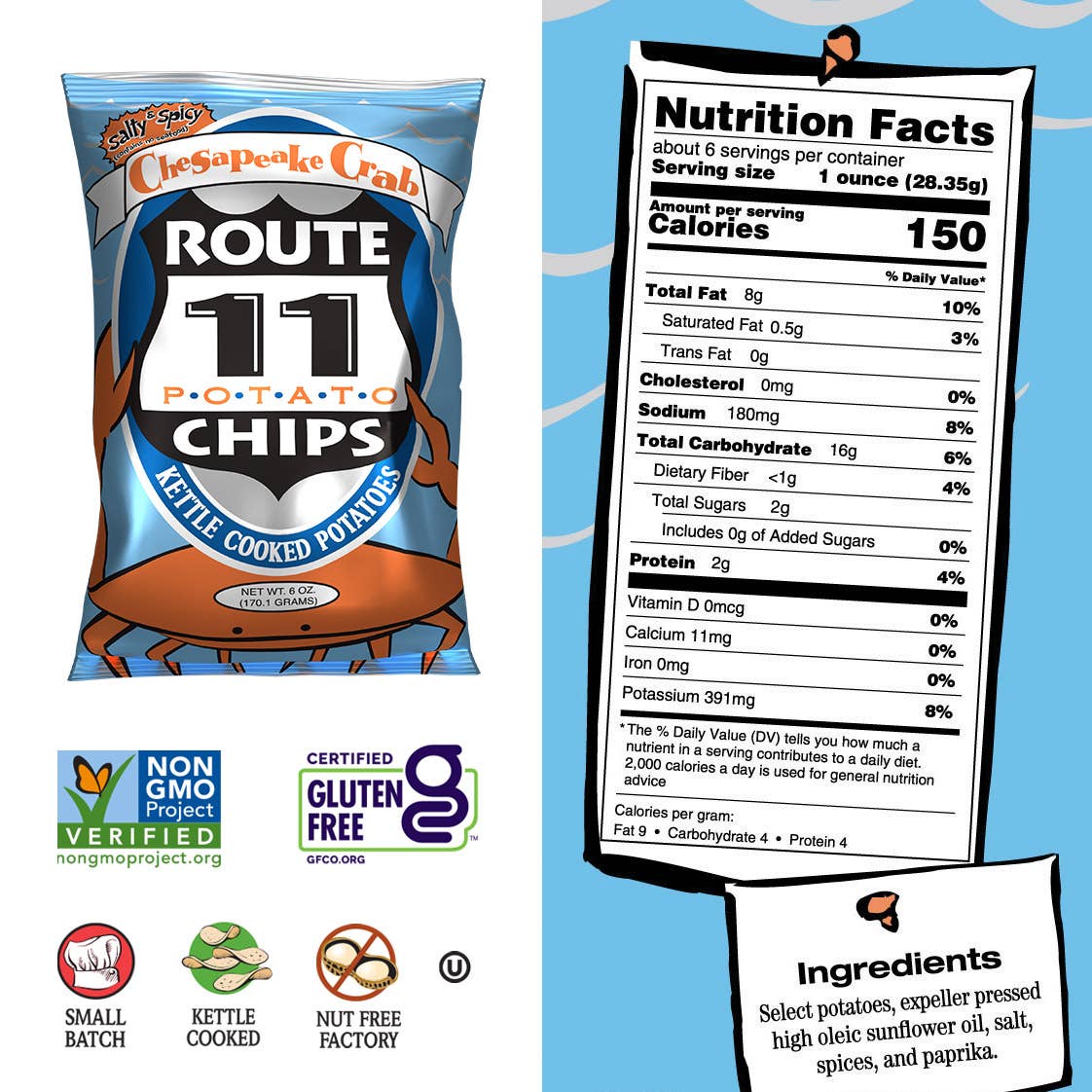 Route 11 Potato Chips - Vente Chips - Route 11 Chesapeake Crabe Croustilles de pommes de terre (6oz)2